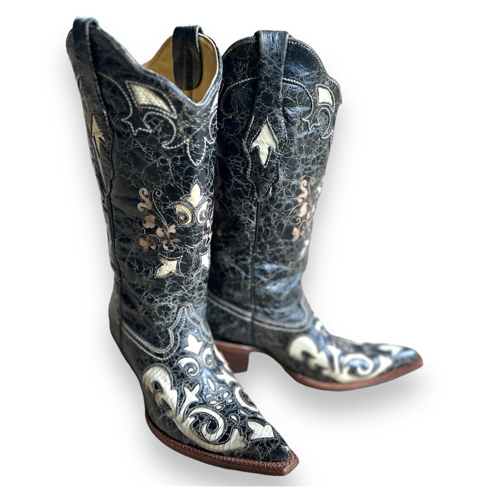 Corral Black Western Heeled Boots with Cream & Metallic Embroidery